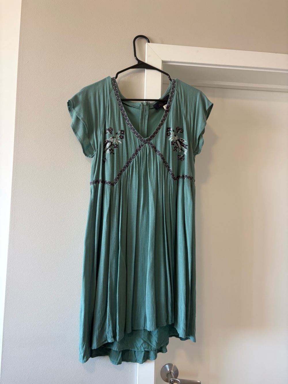 Blue Rain Teal Embroidered V-Neck Mini Dress